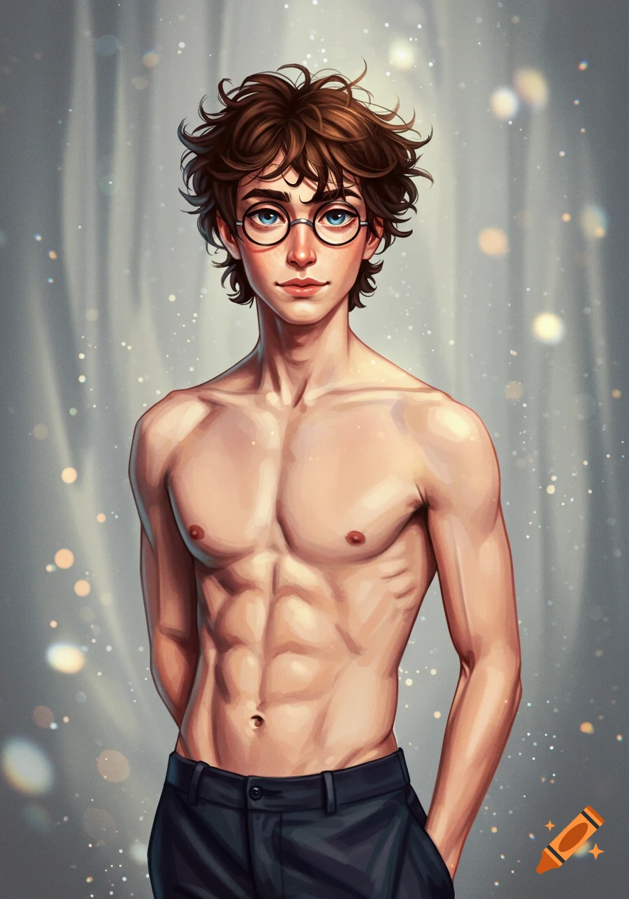 Stylized illustration of a shirtless young man resembling Harry Potter, with messy brown hair, round glasses, and an athletic build.