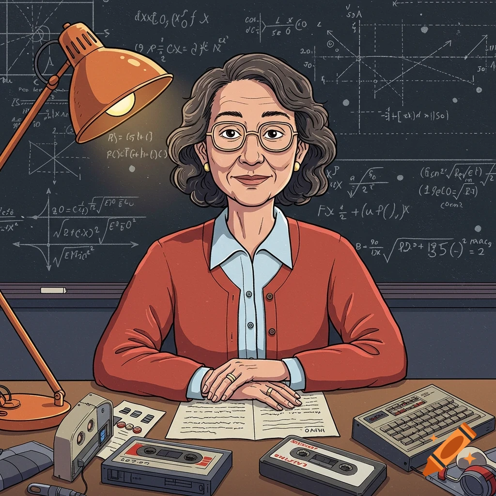 A cartoon of an older woman wearing glasses, sitting at a desk with math equations on a chalkboard behind her.