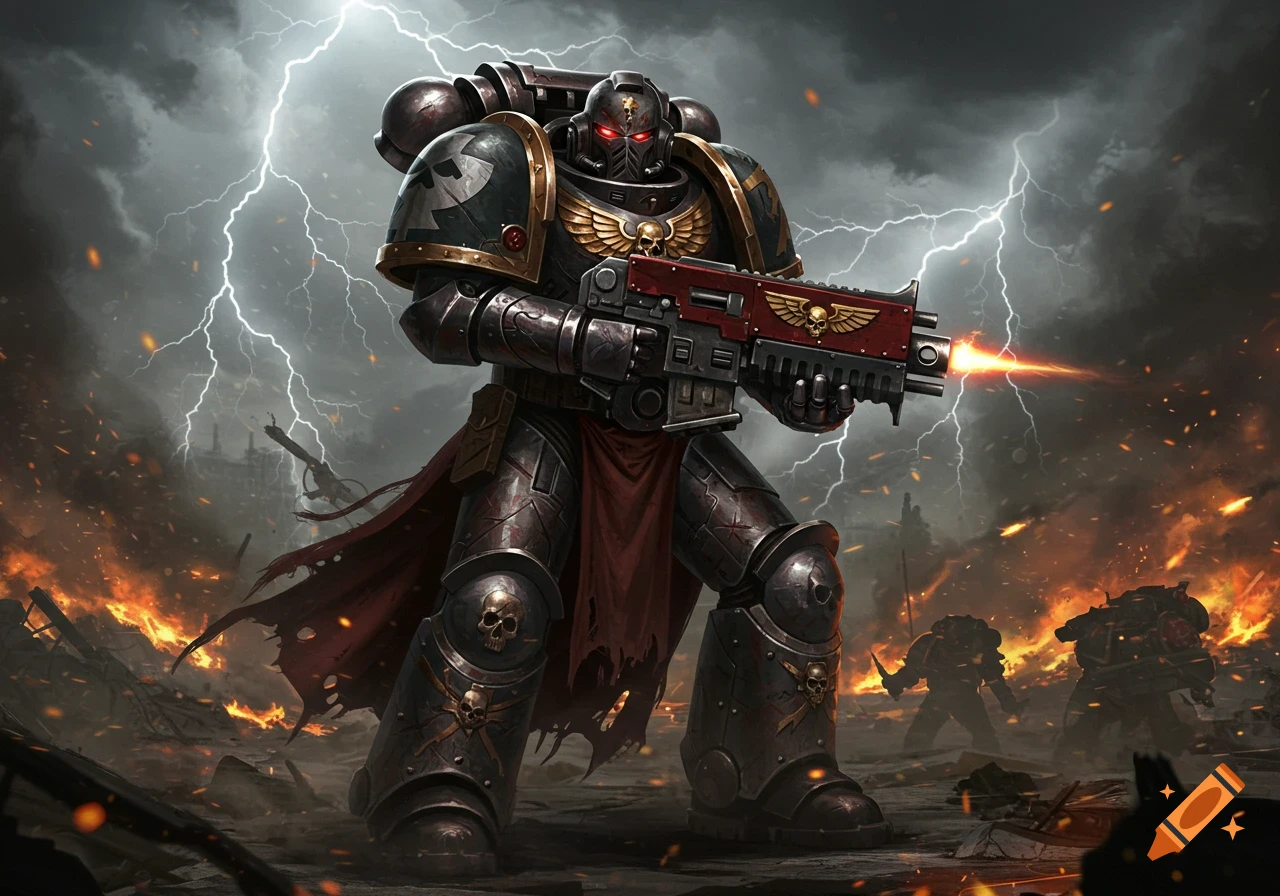 A heavily armored Warhammer 40k Space Marine fires a bolter rifle in a fiery, lightning-struck battlefield.