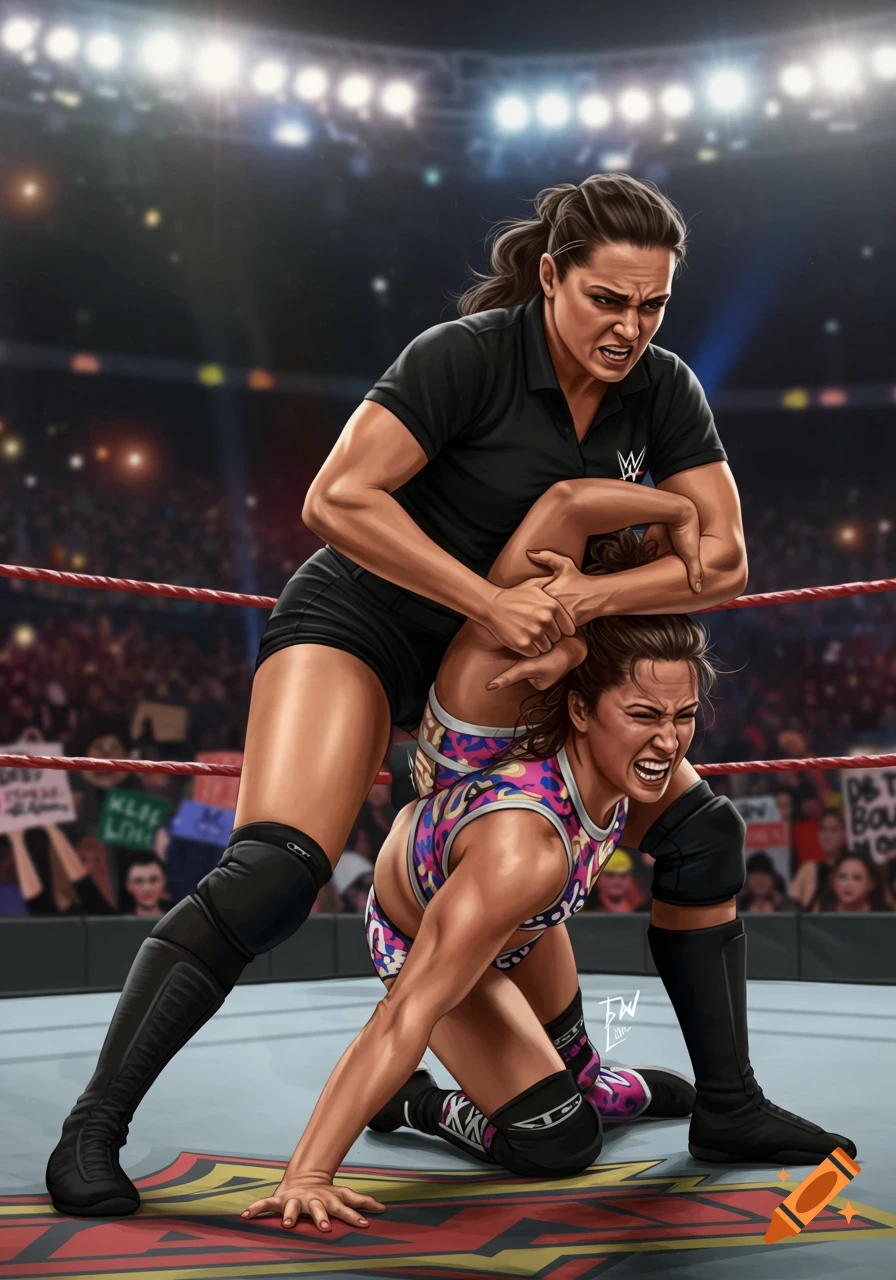 Two female wrestlers in a ring: one in black applies a Boston crab to another in colorful gear, illustrated.