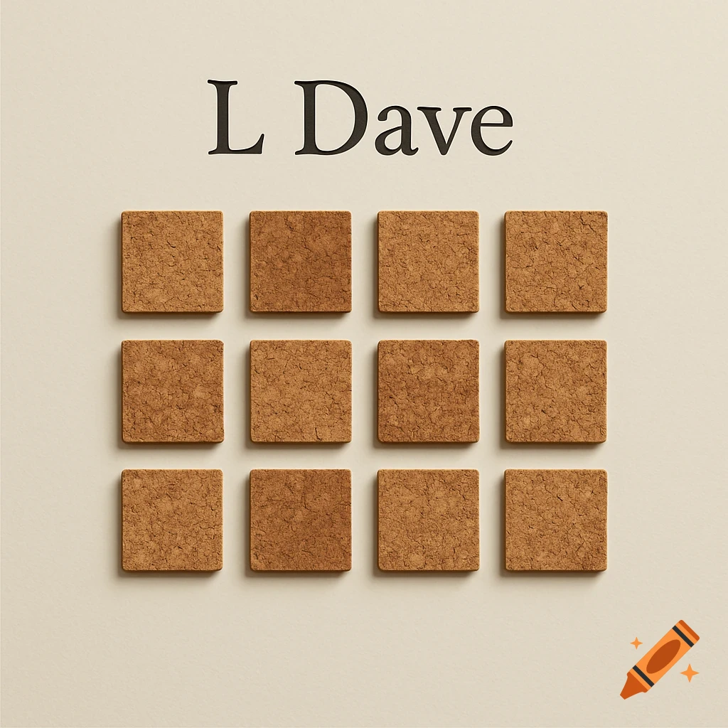 The words 'L Dave' above twelve brown square cork coasters on a light background.