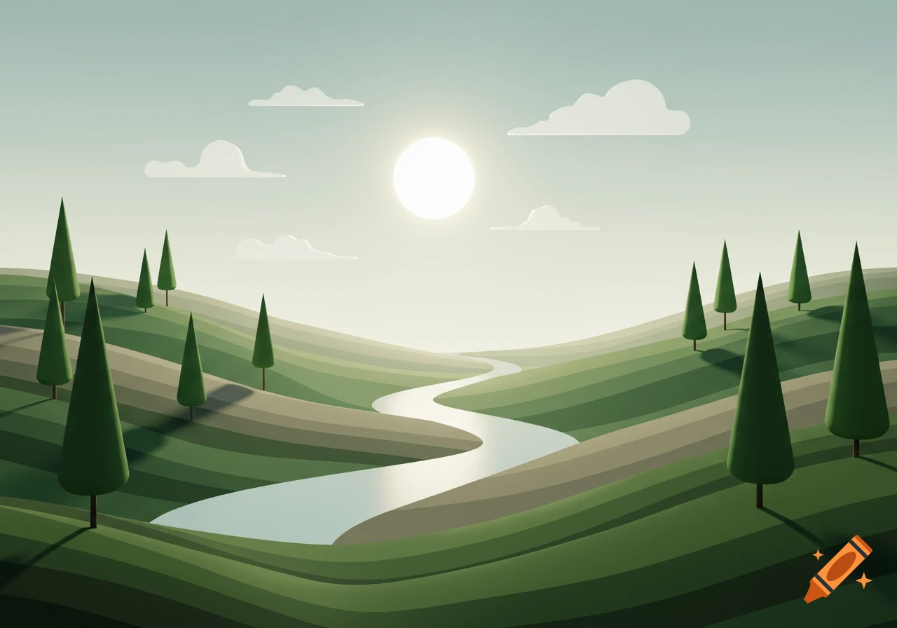 A serene, minimalist illustration of rolling green hills, a winding river, conical trees, and a bright sun in a pale sky.