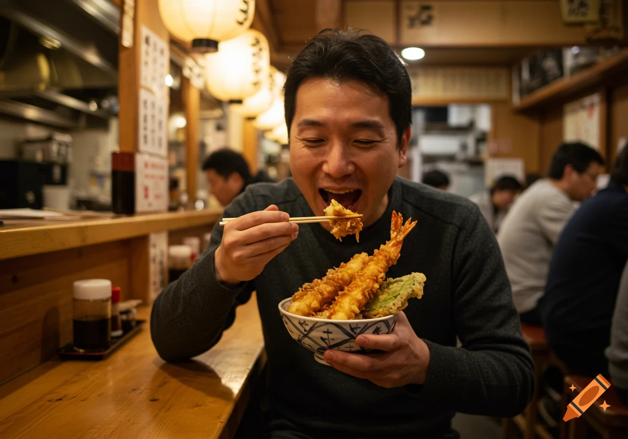 A Japanese man with a happy expression eating tempura from a bowl with chopsticks in a bustling restaurant.