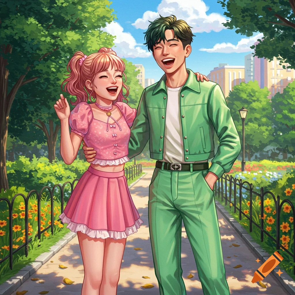 A smiling anime couple, a girl in a pink outfit and a boy in a green outfit, laugh happily while walking in a sunny park.
