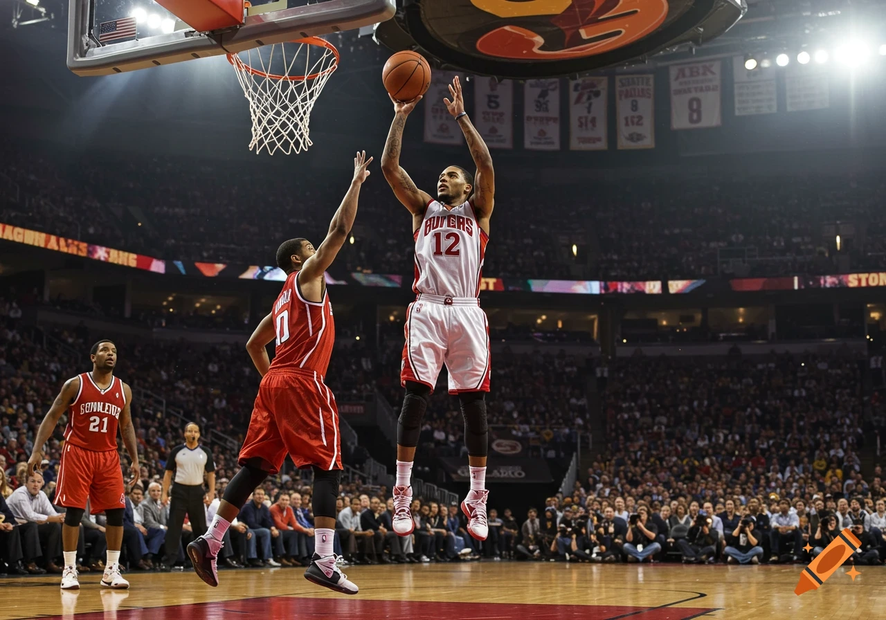 A basketball player in a white and red uniform jumps to shoot the ball while a defender in a red uniform attempts to block him in a crowded arena.