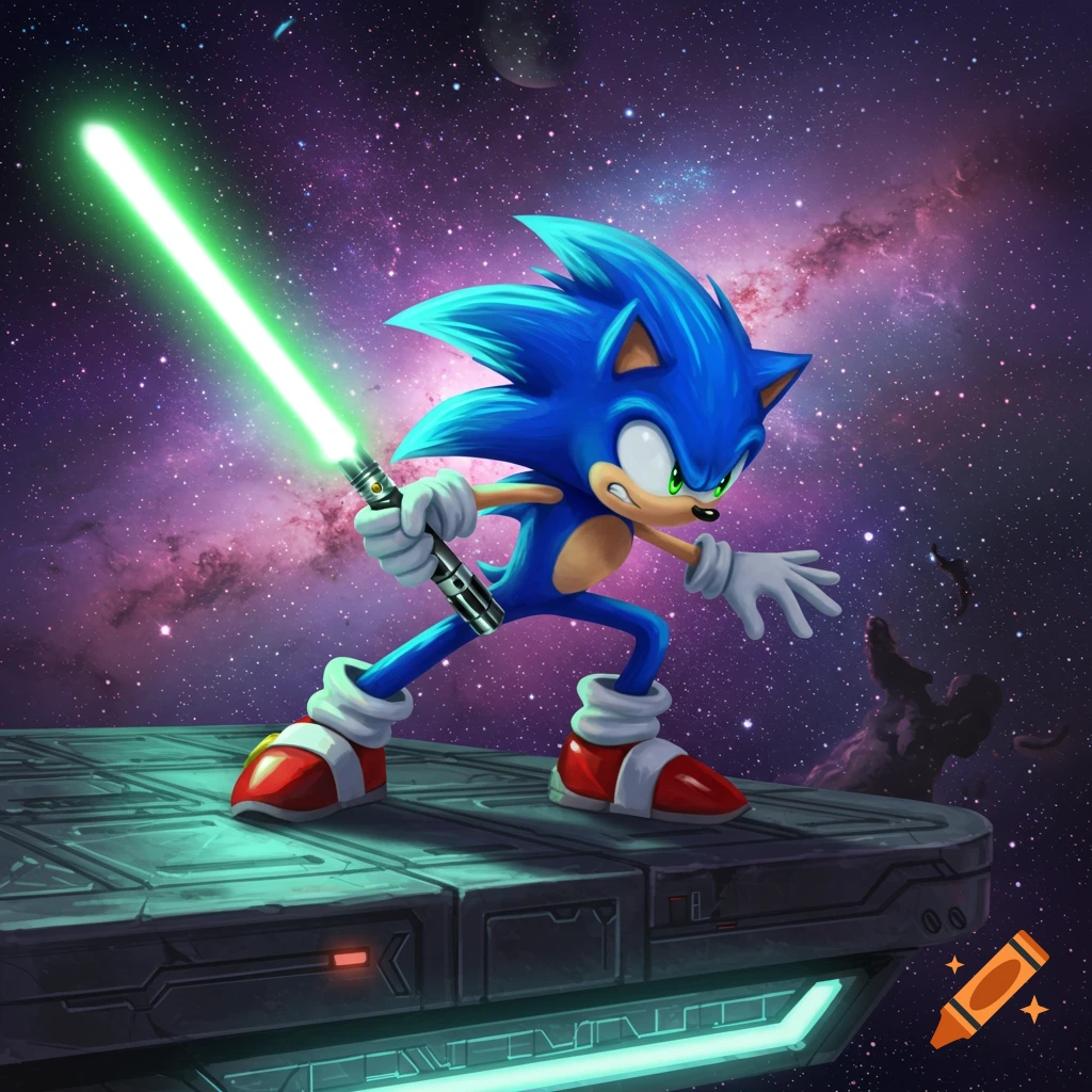 Sonic the Hedgehog holding a glowing green lightsaber while standing on a futuristic platform in a vibrant galaxy.