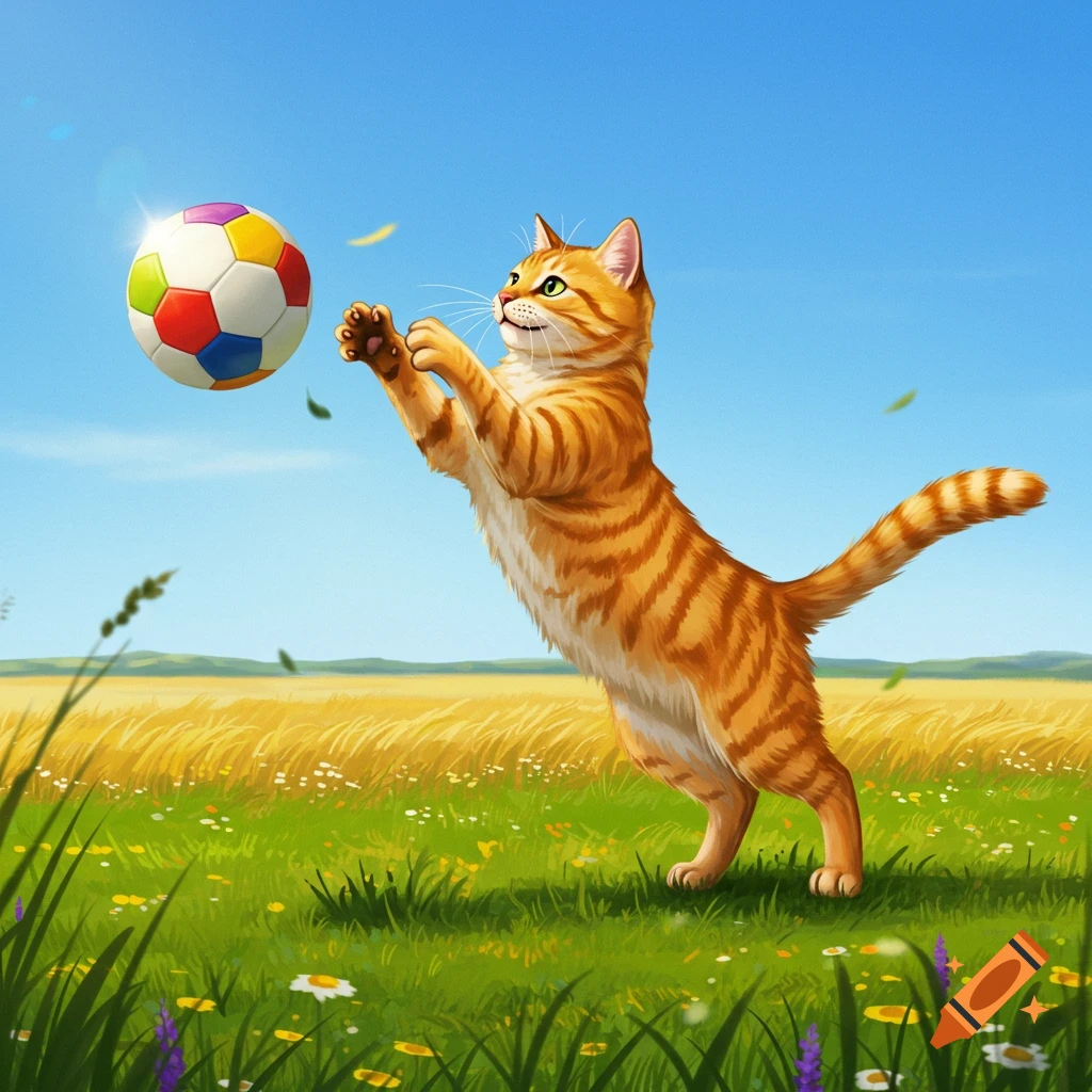An orange tabby cat jumps to bat a colorful soccer ball in a green and golden field under a blue sky, in an illustrative style.
