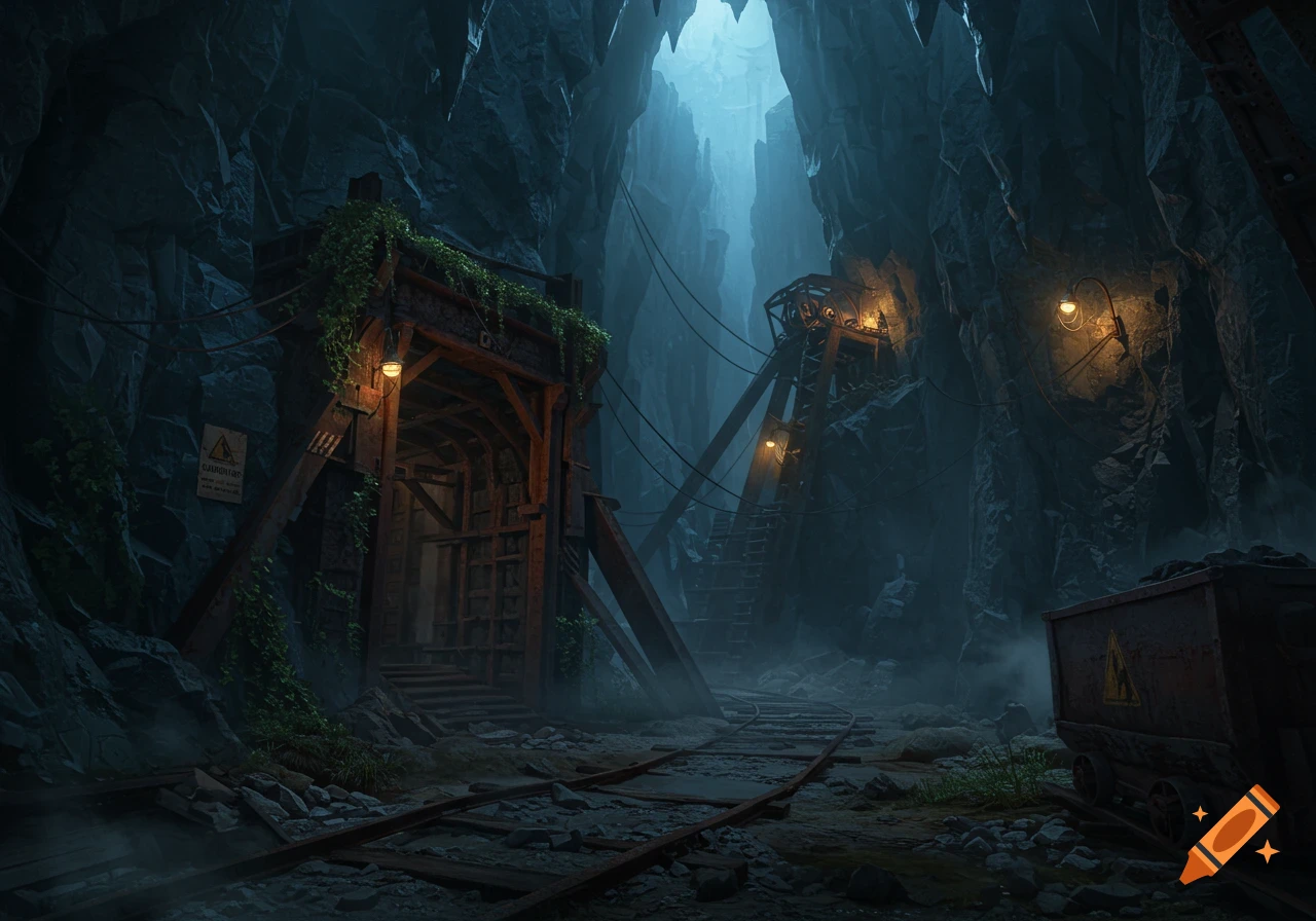 A dimly lit, atmospheric mine entrance with tracks leading into a deep, foggy cave, illuminated by warm lights.