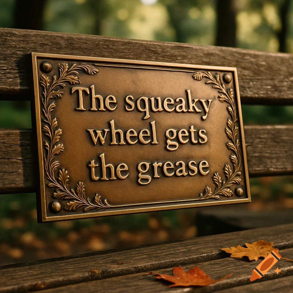 A bronze plaque engraved with the proverb "The squeaky wheel gets the grease" rests on a rustic wooden park bench with autumn leaves.