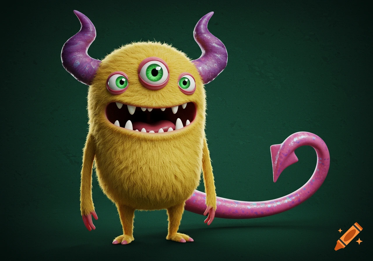A fluffy yellow monster with three green eyes, a wide mouth, pointy teeth, purple horns, and a long pink scaly tail, 3D rendered.