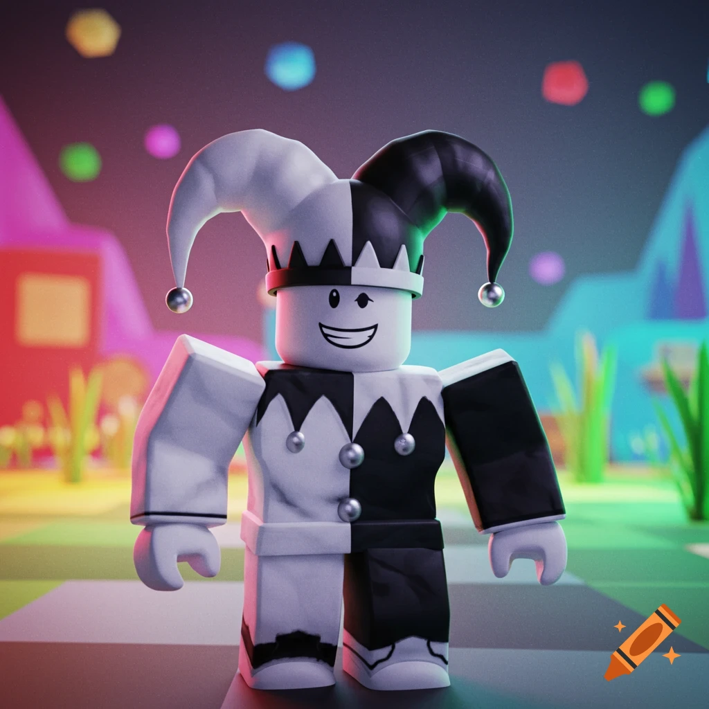 Roblox character in a black and white jester hat and matching suit, smiling in a colorful, blurred background.