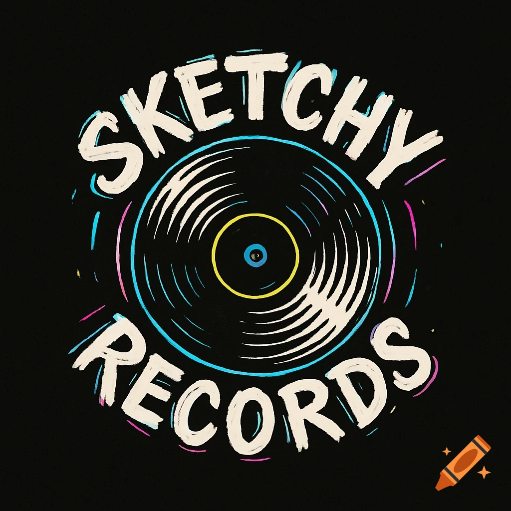 A graphic logo for 'SKETCHY RECORDS' featuring a stylized black vinyl record with white grooves and neon blue, pink, and yellow accents on a black background.