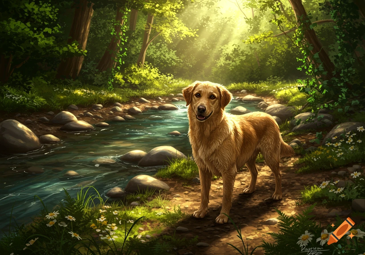 A happy golden retriever stands on a dirt path next to a rocky river in a lush, sunlit forest.