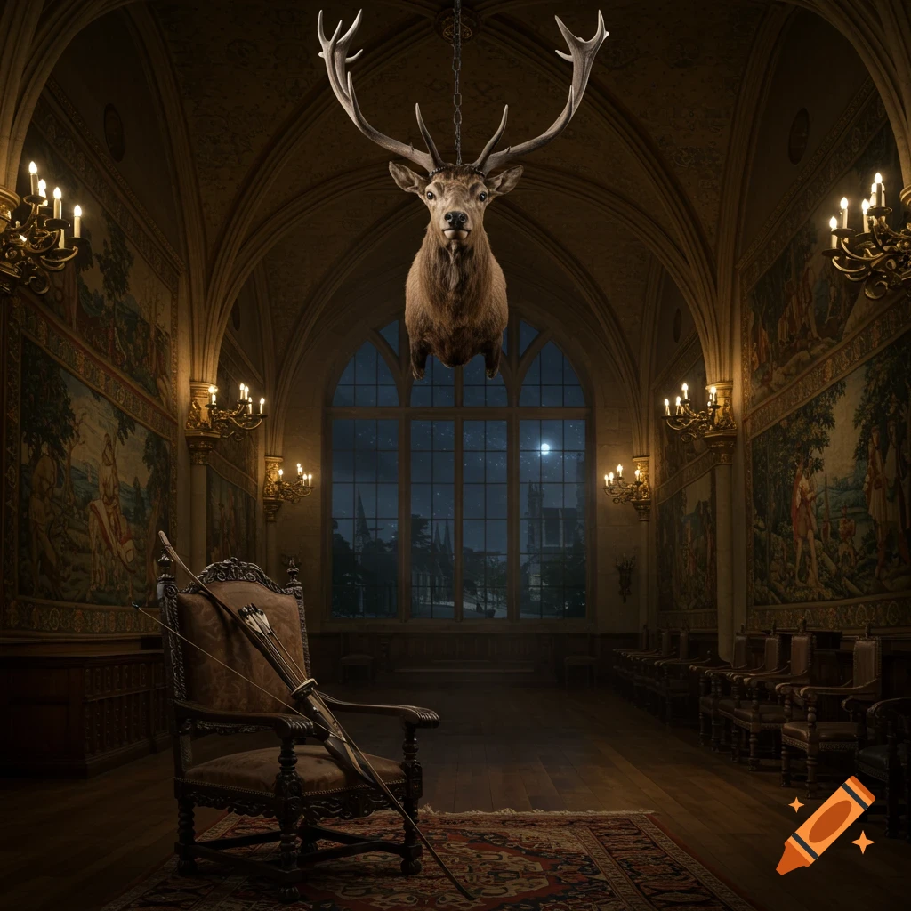 A grand palace hall at night with a large deer taxidermy hanging from the ceiling and a hunting bow resting on an ornate chair.