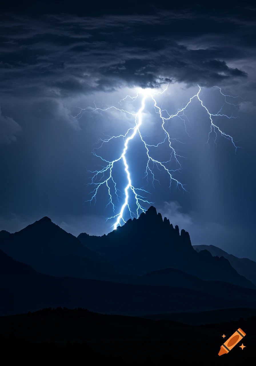 A powerful blue lightning bolt strikes a dark mountain peak under a stormy night sky, illuminating the rugged terrain.