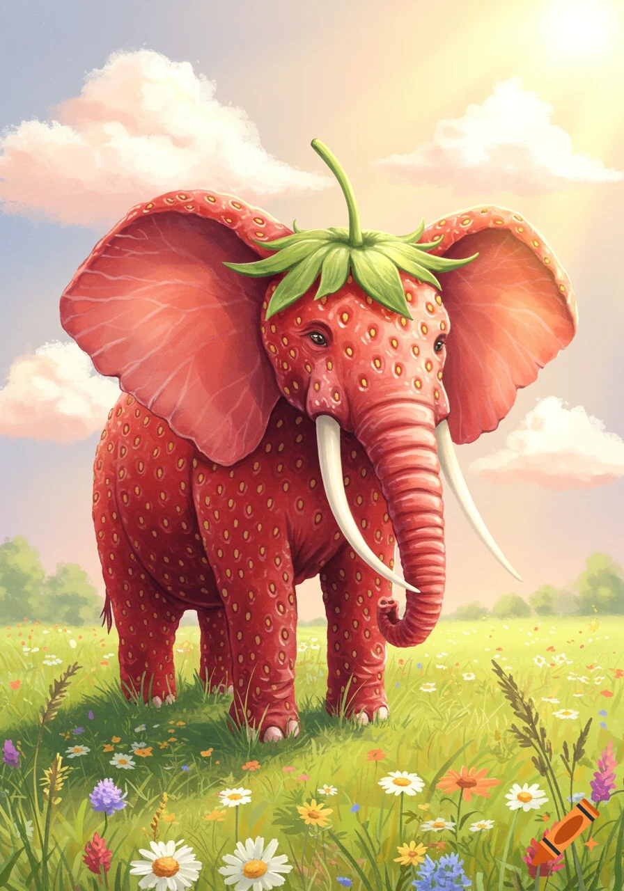 A vibrant, cartoonish strawberry elephant stands in a sunny, flower-filled meadow.