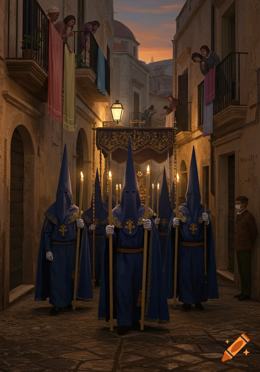 A nighttime religious procession moves through a narrow street in a Southern Italian town, with figures in blue hooded robes carrying candles and a decorated canopy, as people watch from balconies above.