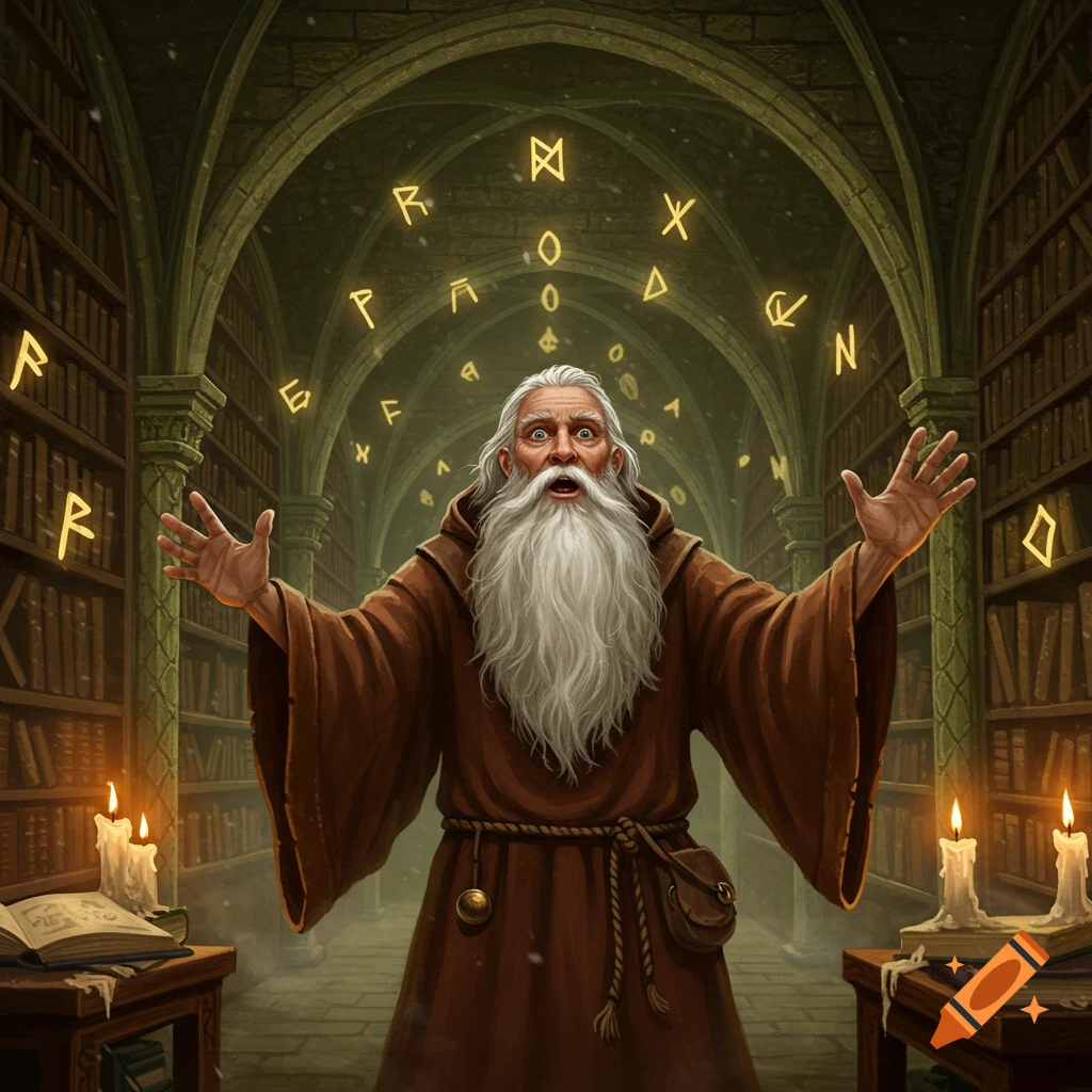 A surprised wizard with a long white beard and brown robes stands in an arched library, surrounded by glowing runes.