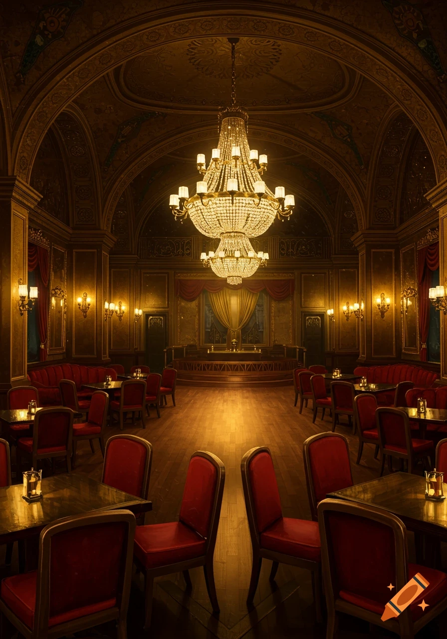 A luxurious, ornate hotel ballroom with large chandeliers, red chairs, and many tables, lit by warm light.
