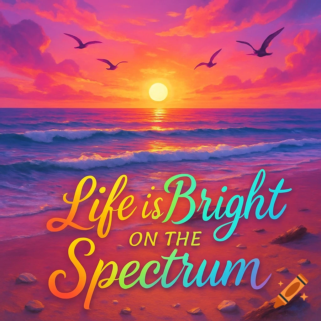 A vibrant sunset over an ocean beach with waves crashing, birds flying, and the text 'Life is Bright ON THE Spectrum' in colorful gradient.