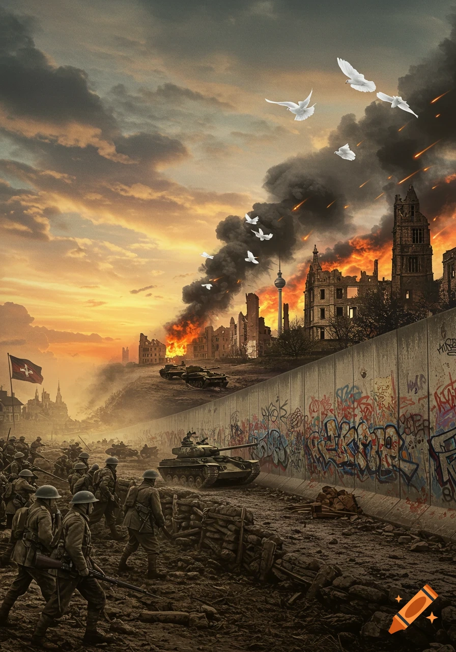 Photorealistic image of soldiers and tanks by a graffiti-covered wall, facing a burning, ruined city with doves flying at sunset.