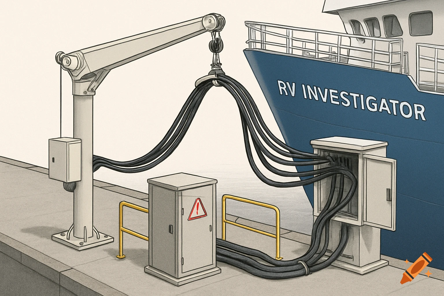 A technical illustration of the blue RV Investigator research vessel connecting to shore power on a concrete dock via a crane and large cables.
