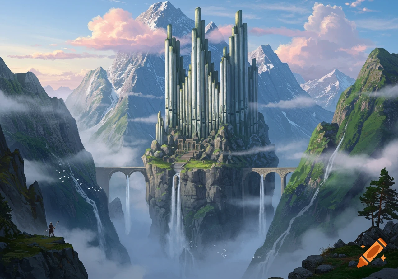 A grand pipe organ-like castle on a misty mountain peak, surrounded by waterfalls and snowy mountains, with a lone figure on a cliff.