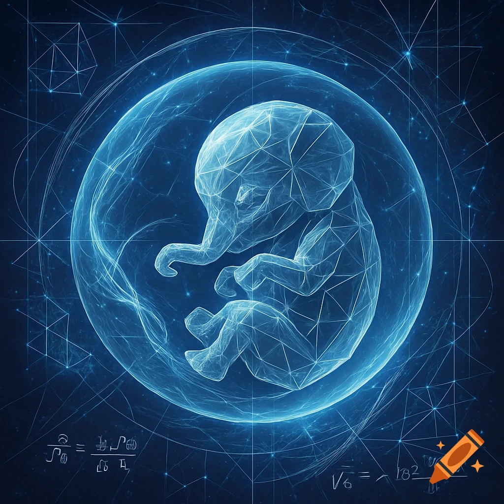 A glowing blue geometric elephant fetus floats in a translucent sphere amidst cosmic energy lines and scientific patterns.