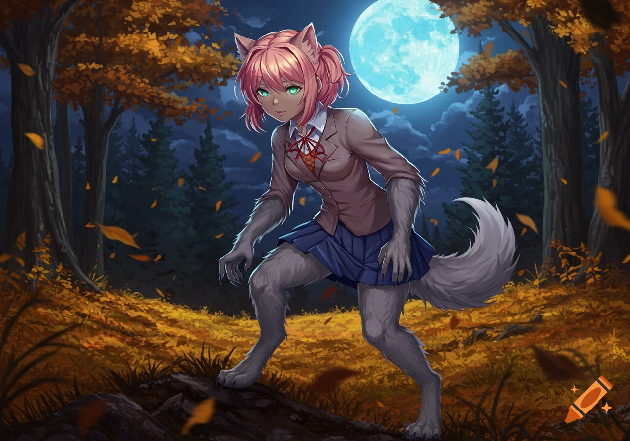 Anime-style Sayori from DDLC as a werewolf in a forest under a full moon, with autumn leaves.