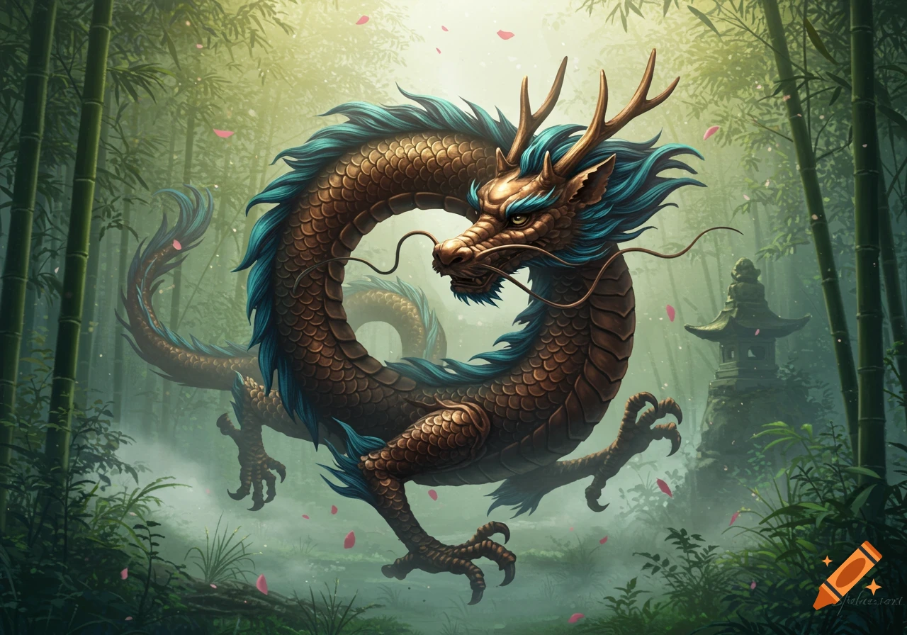 A majestic bronze Chinese dragon with blue accents floats coiled in a misty bamboo forest with falling pink petals.