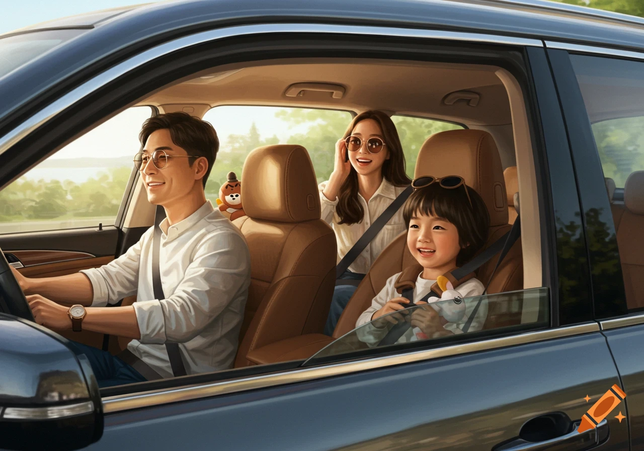 A smiling Korean family with father driving, mother and child in the car, on a bright road trip.