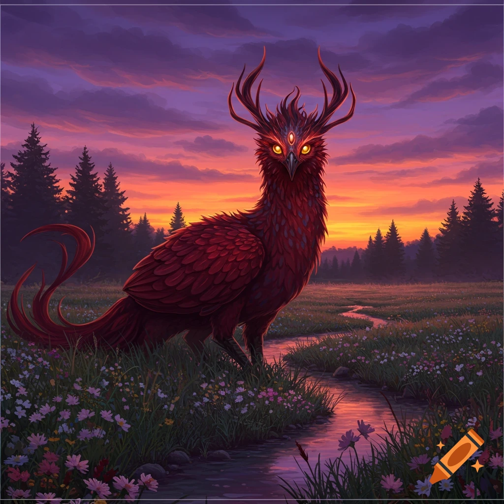A red, bird-like mythical creature with antlers and three glowing eyes stands in a flower-filled meadow with a stream, under a vibrant sunset.