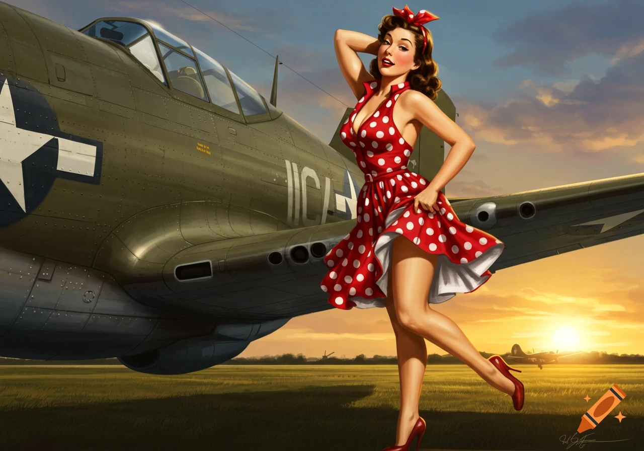A smiling pin-up girl in a red polka-dot dress poses suggestively next to a green WWII-era fighter plane at sunset.