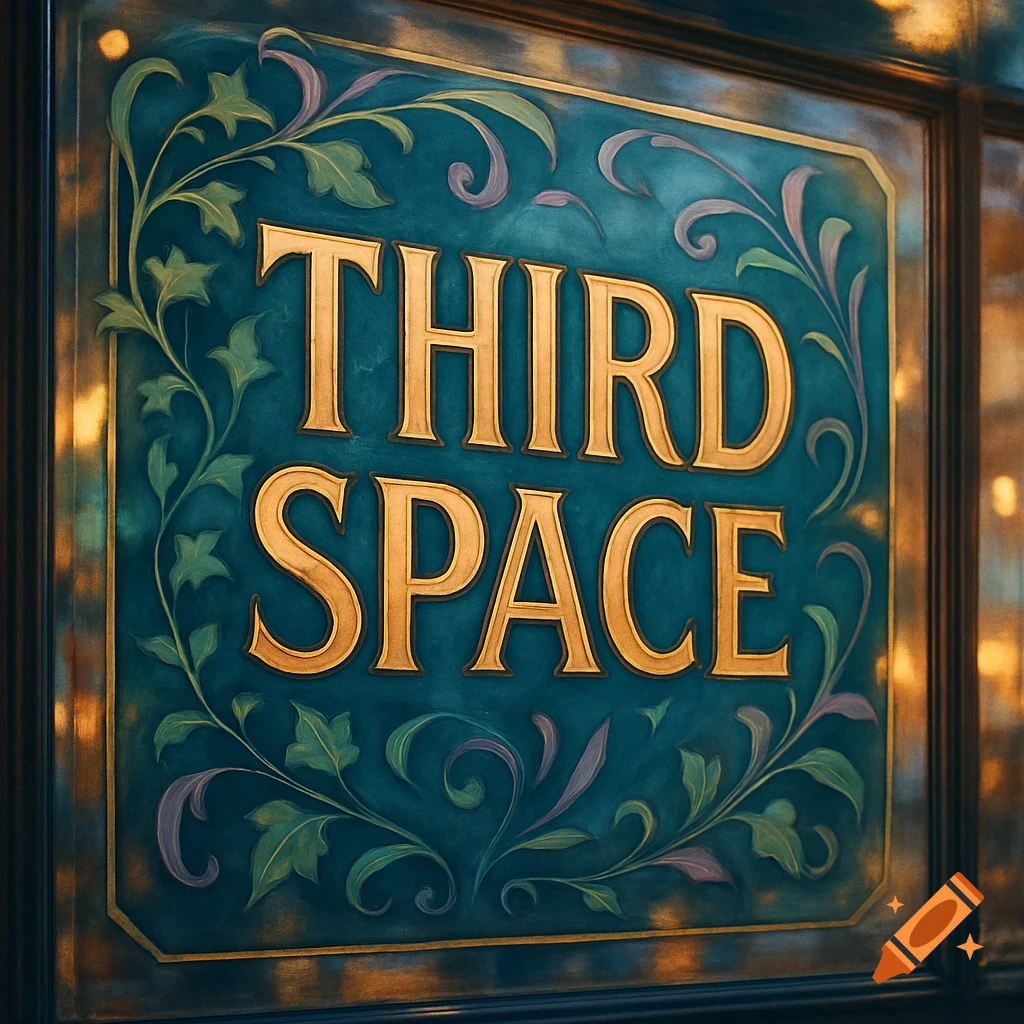 A dark teal painted sign with ornate gold lettering that reads 'THIRD SPACE' and floral patterns, set in a wooden frame.
