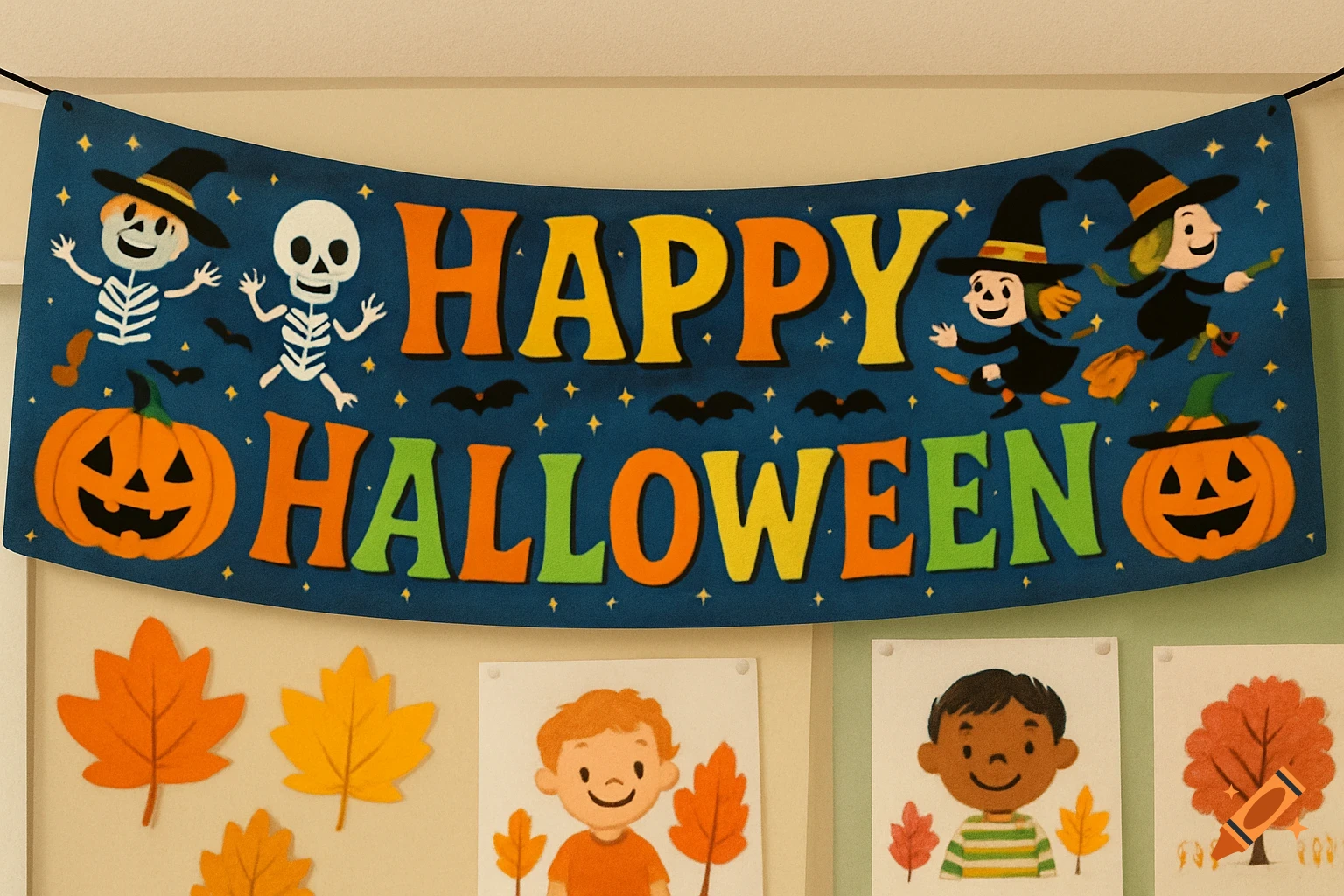 A "Happy Halloween" banner with cartoon skeletons, witches, pumpkins, and bats on a starry dark blue background, above autumn leaf cutouts.