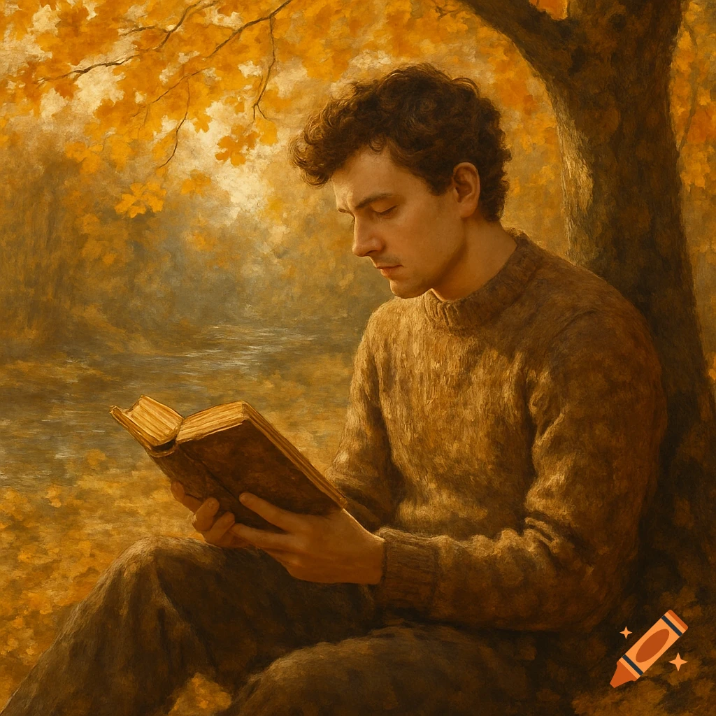 A man with curly hair reads a book under an autumn tree, painted in warm golden tones.