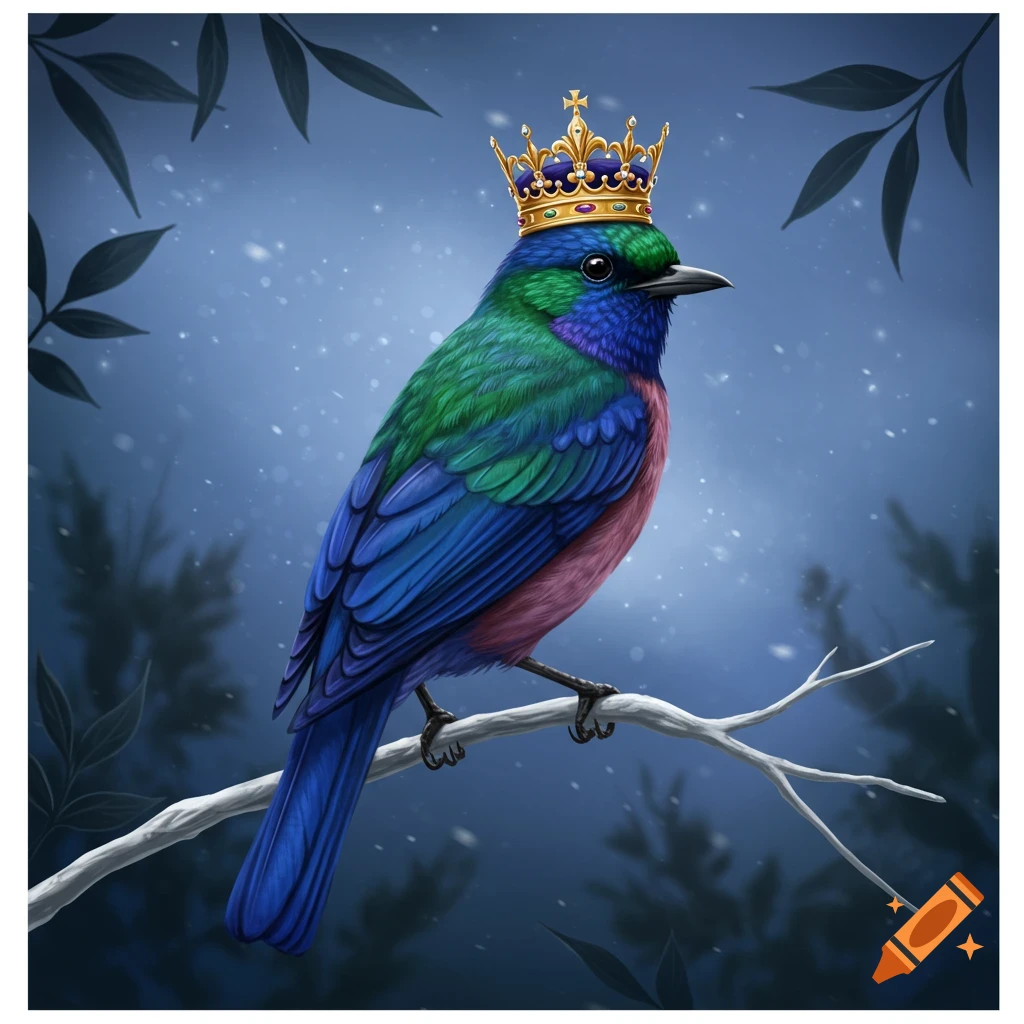 A vibrant blue, green, and pink bird wearing an elaborate gold and jewel crown perches on a bare branch in a snowy forest.