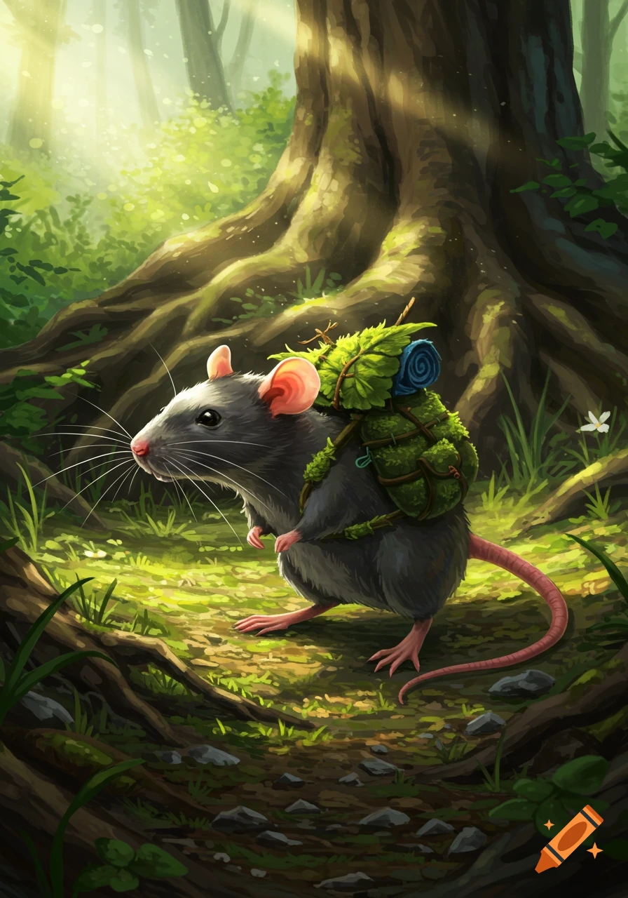A cute, stylized rat with a green leaf backpack and blue rolled blanket wanders through a sunlit, lush green forest.