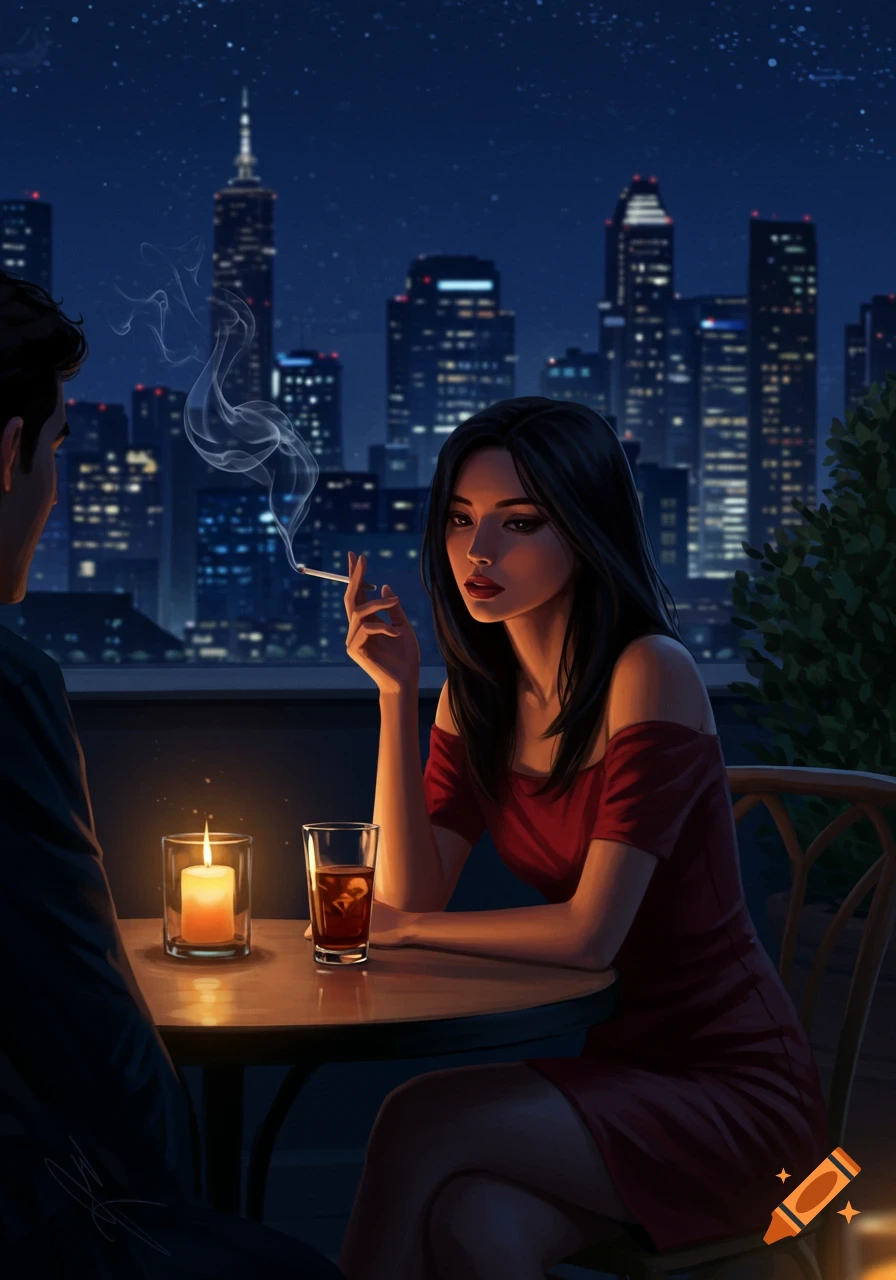 Digital illustration of a woman smoking a cigarette at a candlelit table with a man, overlooking a city skyline at night.