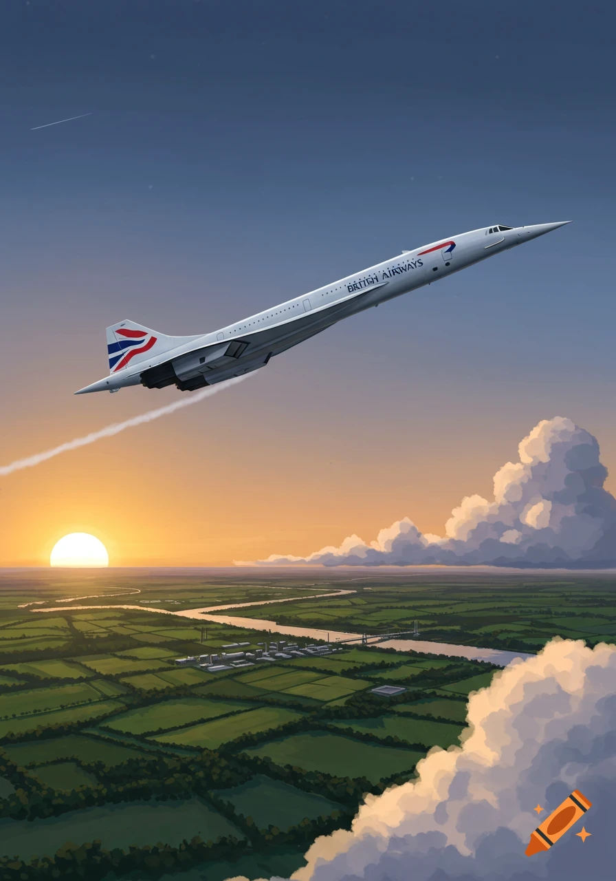 A British Airways Concorde jet flies through a golden sunset sky over a green, winding river landscape in an illustrative style.