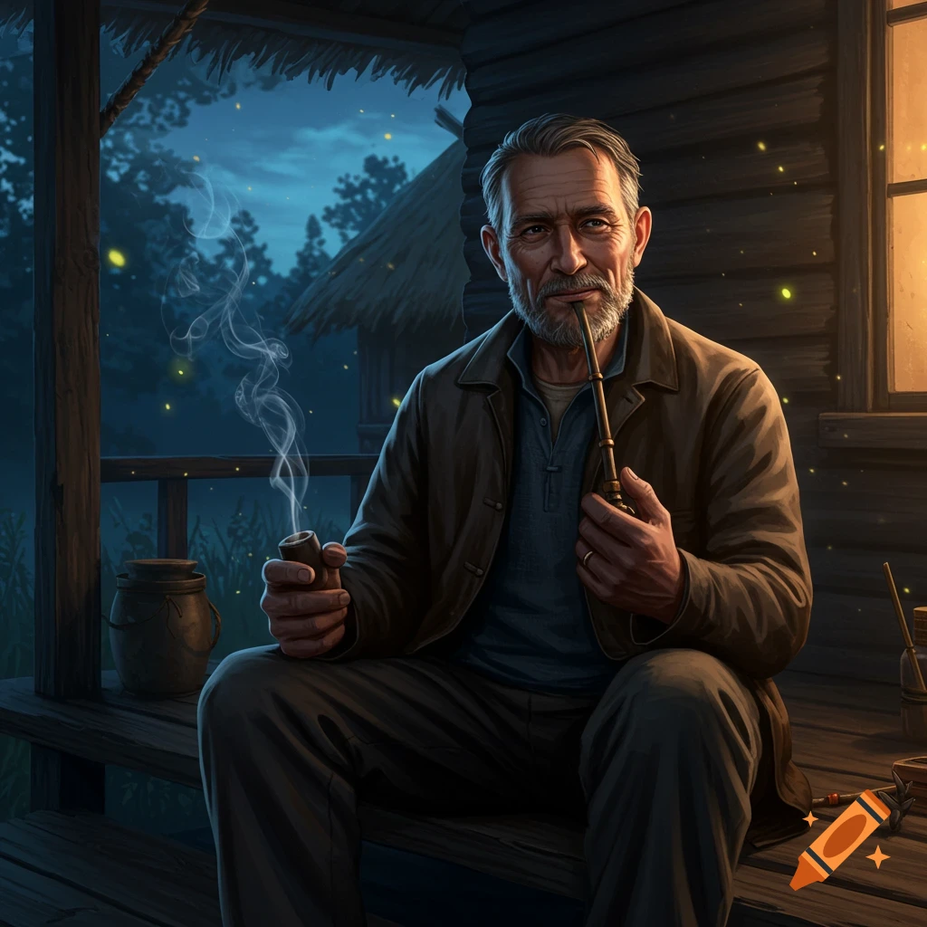 A detailed digital painting of an elderly man with a beard smoking a pipe on a rustic porch at night, illuminated by fireflies.