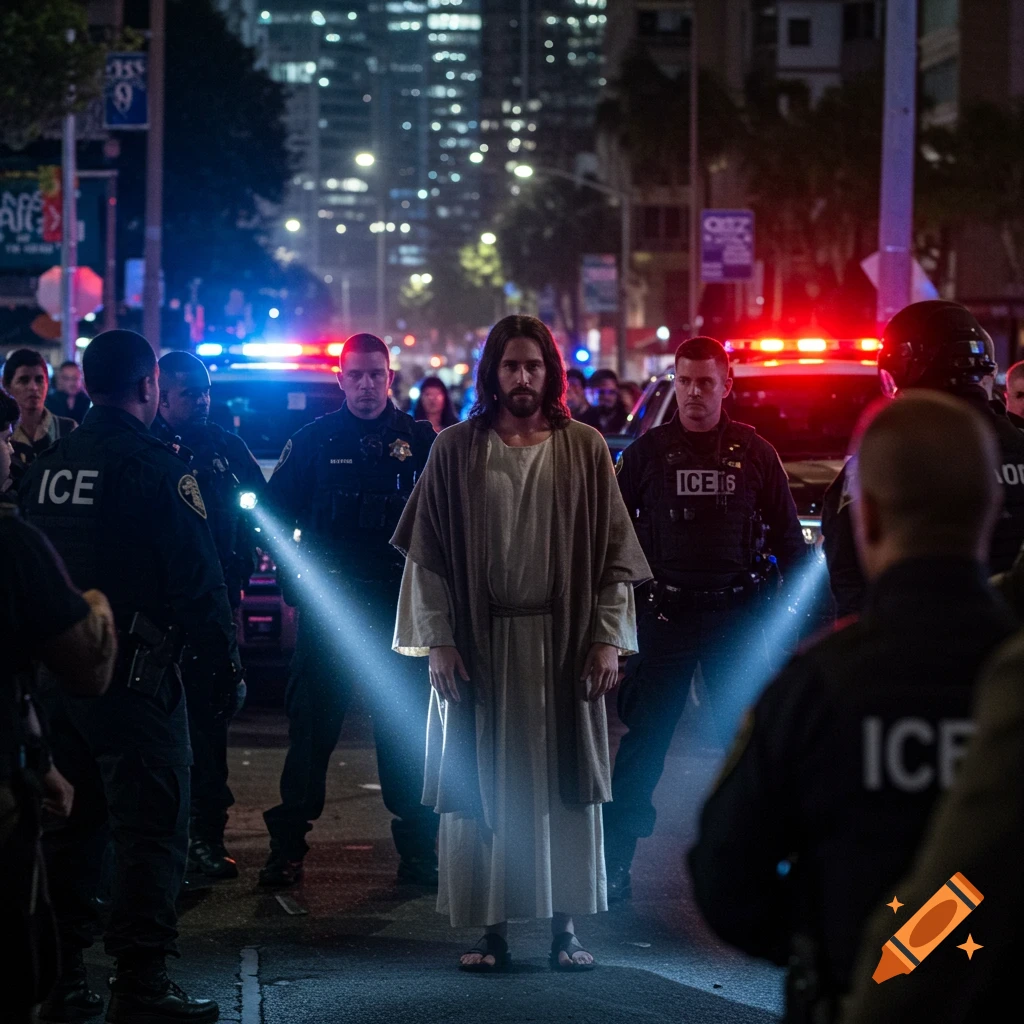 Photorealistic depiction of Jesus being arrested by ICE police on a city street at night.
