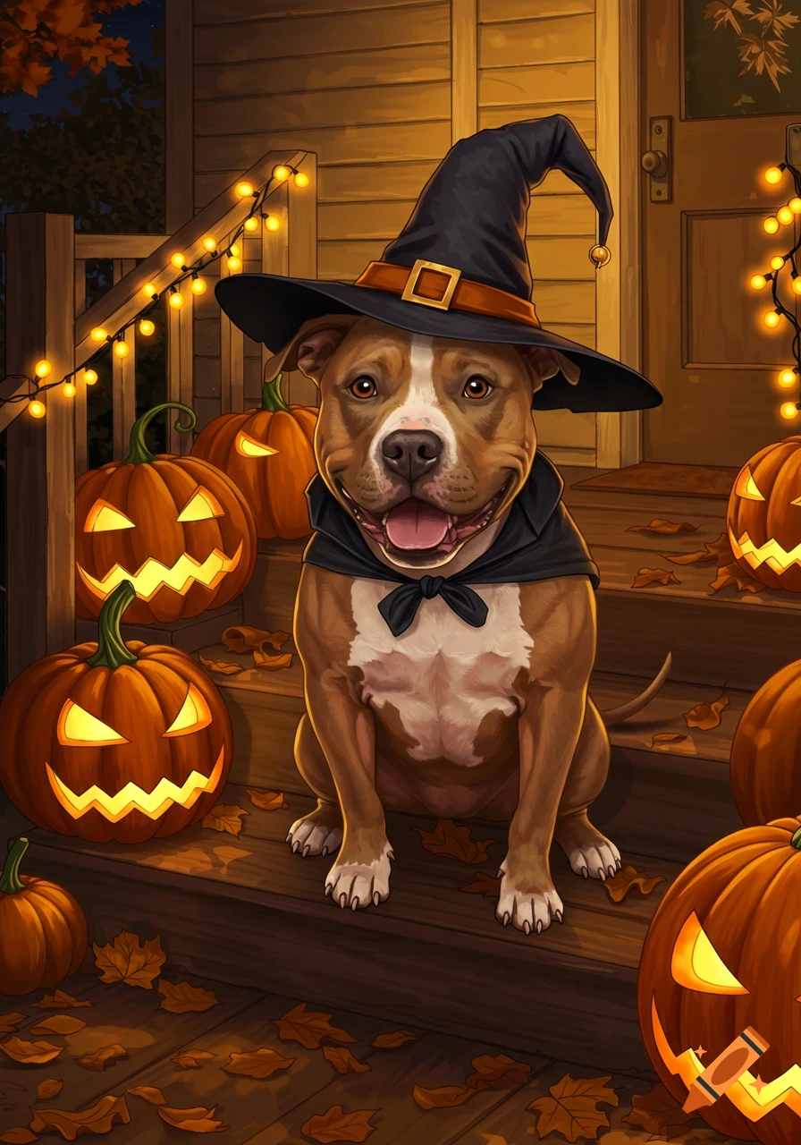 A smiling pitbull dog in a witch hat and cape sits on steps with glowing jack-o'-lanterns and string lights, Halloween.