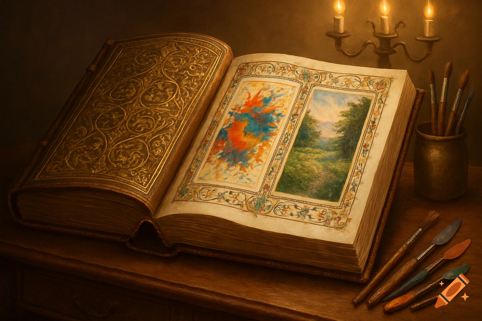 An open, ornate artbook on a wooden desk displays an abstract painting and a landscape, with art supplies and candlelight.