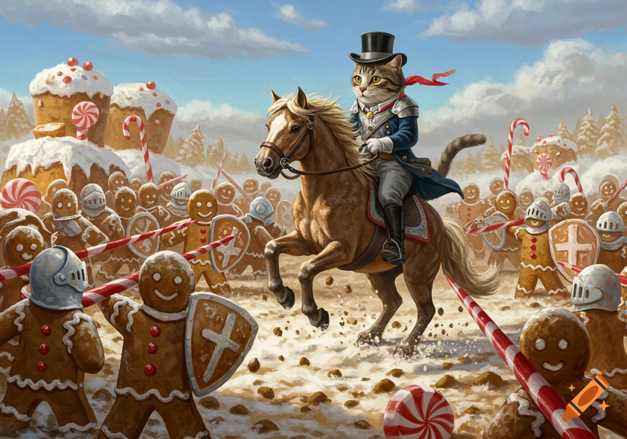 A cat in a top hat and military uniform rides a horse into battle against an army of gingerbread men with candy cane lances in a snowy landscape with cupcakes.