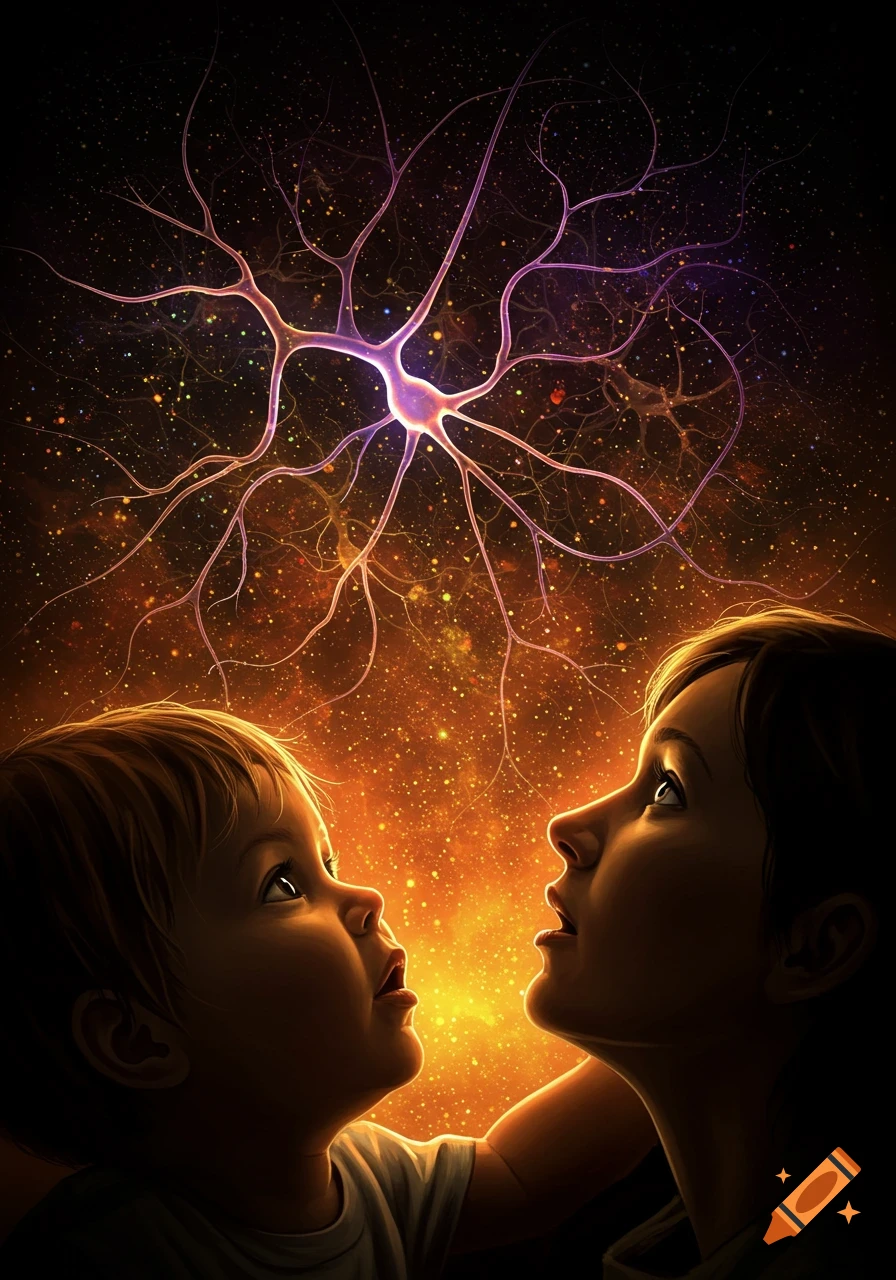 A child and adult look up at a glowing brain neuron and cosmic stars, digital art.