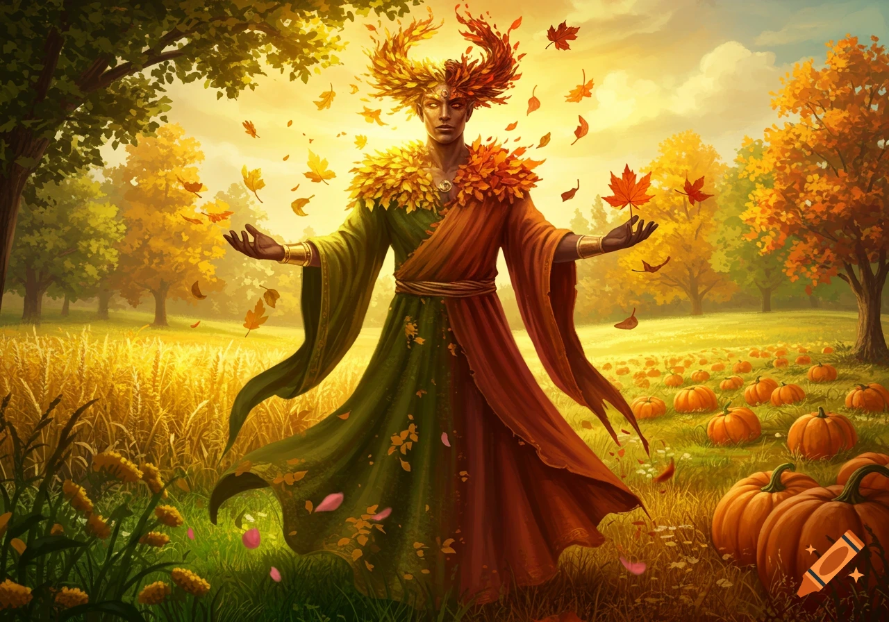 A fantasy seasonal god in half-green, half-orange robes with a leaf crown stands in a golden autumn field with pumpkins and falling leaves.
