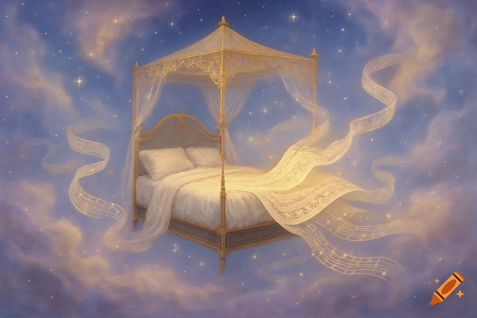 An ethereal golden canopy bed floats among glowing clouds and stars in a pastel blue sky, with its sheets transforming into ribbons of musical notation.