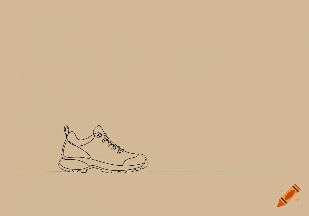 A minimalist line art drawing of a hiking shoe with laces, positioned on a long horizontal line against a solid light brown background.