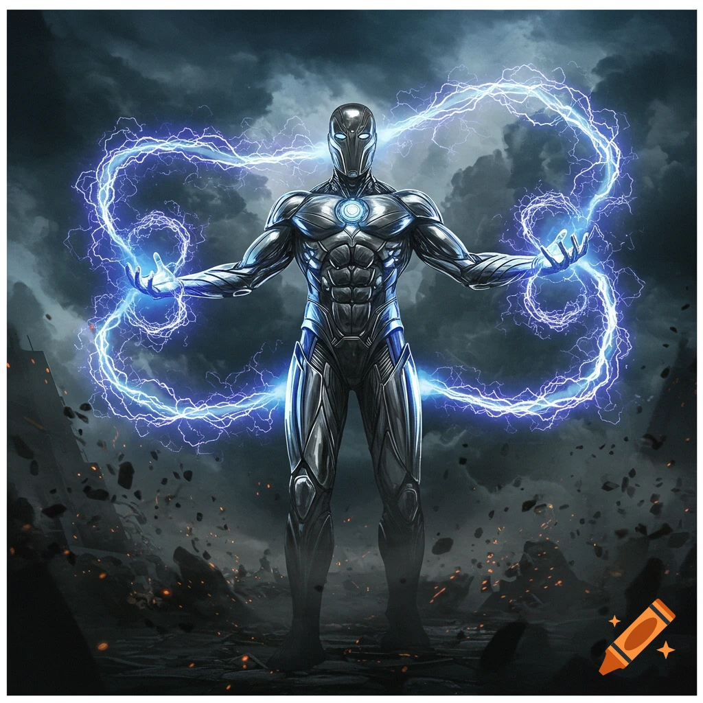 A dark metallic superhero/villain generating blue electrical energy in a stormy, debris-filled landscape.